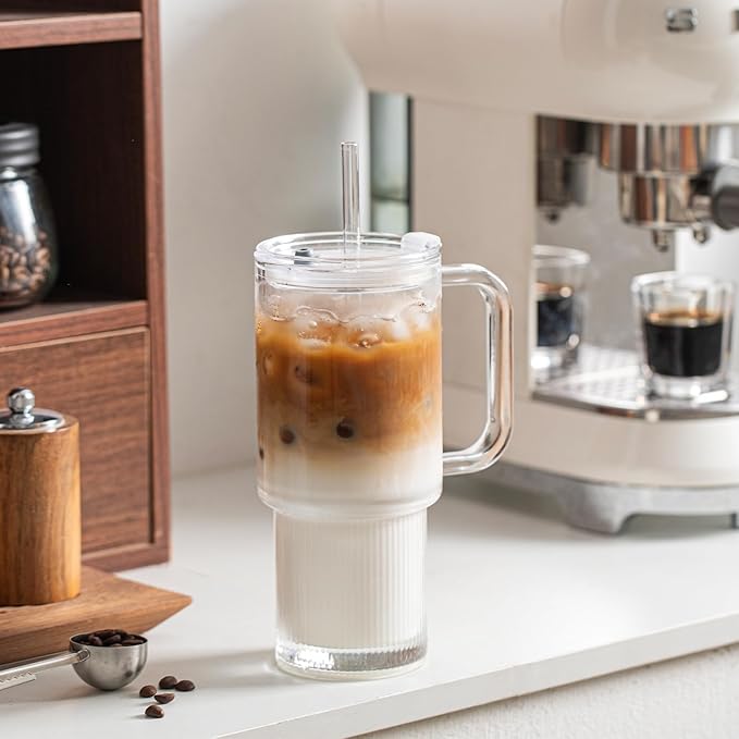 INSETLAN 26oz Glass Tumbler with Handle & Lid – 2-Pack Large Iced Coffee Cups with Straws, Modern Glass Mug for Cold & Hot Beverages, Aesthetic Glass Cups for Smoothies, Tea, and Juice