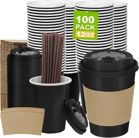 12 oz PLA Black Eco Friendly Cups 100 Packs Sustainable Plant Based Leak Resistant for Cafes Offices Events