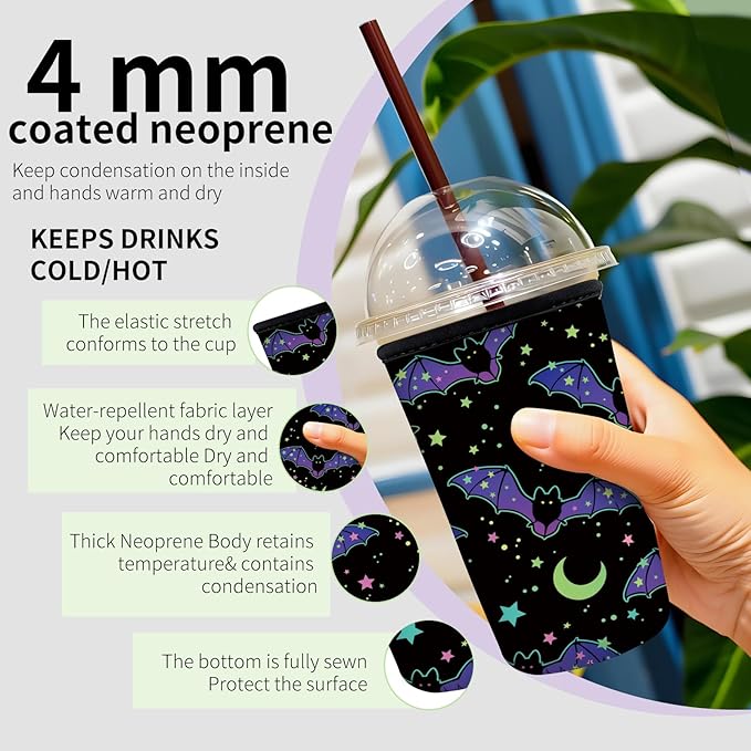 Reusable Neoprene Insulator Sleeve for Iced Coffee Cups, Medium 22-28oz Durable Drink Sleeve for Cold Beverages, Cute Beverage Holder Cup Sleeve for Women Men Cute Black Bats