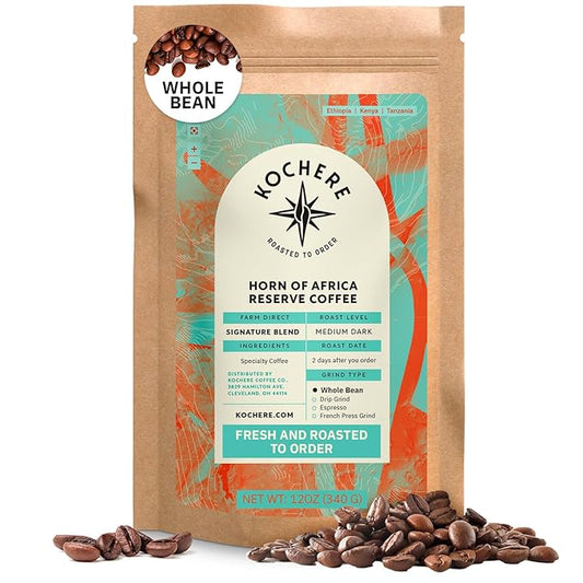 Kochere Horn of Africa Signature Blend – 12oz Whole Bean Coffee – Freshly Roasted to Order – Complex, Bold Flavor – Notes of Dark Chocolate, Spice & Berry
