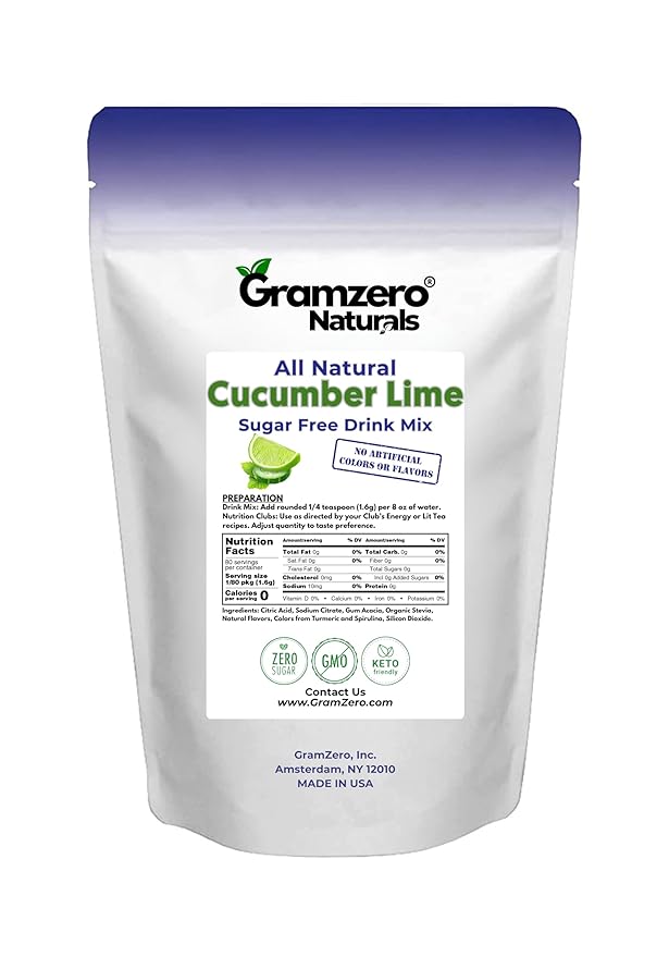 GramZero All Natural Cucumber Lime Zero Calorie Sugar Free Drink Mix, Great For Nutrition Club Loaded Tea, Stevia Sweetened