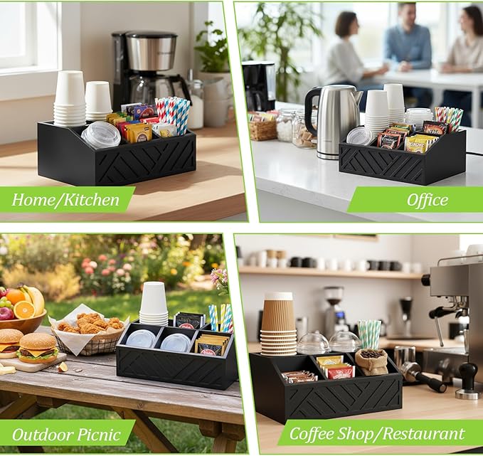 Kifmurase Black Coffee Station Organizer for Counter, Wood Coffee Pods Holder Storage Basket with 5 Compartments, Coffe and Tea Condiment Basket Storage Organizer, Farmhouse Bar Accessories Decor