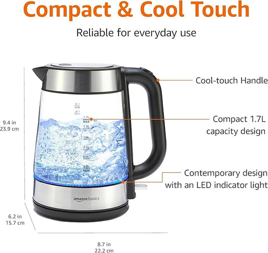 Amazon Basics Electric Kettle with Glass Carafe for Tea and Coffee, BPA-Free, Fast Boiling, Auto Shut-Off, Boil-Dry Protection, Water Level Indicator, 1.7 Liter, 1500W, Black and Silver