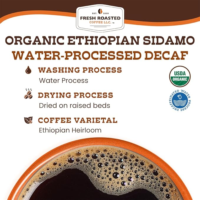 Fresh Roasted Coffee, Organic Ethiopian Sidamo Water-Processed Decaf | USDA Organic, 100% Single Origin, Kosher | Medium Roast 5 lb (80 oz) Whole Bean