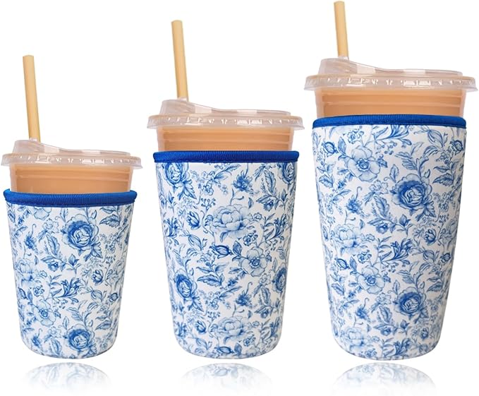 Reusable Insulated Neoprene Iced Coffee Cup Sleeve, Durable Drink Sleeve for Cold Beverages, Beverage Holder for Iced Coffee, Vintage Blossoms