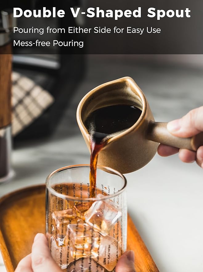 YHOJOY Espresso Measuring Cup, Ceramic Espresso Cup with Handle, Expresso Shots Cups Double Spouts Milk Cup, Espresso Accessories, 3 Oz/ 90 Ml, Brown