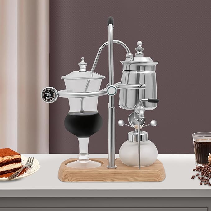 Coffee Maker - Belgium Royal Family Balance Syphon Coffee Syphon Vacuum Brewing System with Measuring Cup and Spoon and Plastic Filter Vintage Siphon Coffee Maker Silver