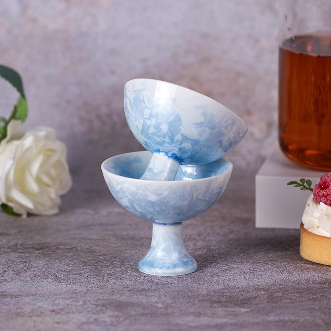KAMMAK Ceramic Tea & Coffee Cups Set of 2 - Vintage Crystalline Glaze Espresso Mugs, 2.2oz Hand Painted for Afternoon Tea or Coffee, Birthday Gift for Women Men, High-Footed Cup