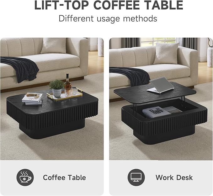 SZTHHDF Lift Top Coffee Table for Living Room,Rectangle Handmade Solid Wood Strips, Fluted Coffee Table with Hidden Storage Compartment for Small Space Office Apartment (38.6"L×26.8''W×13.8''H-Black)