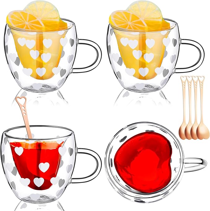 4 Pcs 24oz Valentine's Day Heart Shaped Mug Gift Heart Double Wall Insulated Glass Coffee Mug Cup with Handle Spoon Clear Tea Cups for Wedding Woman Birthday Girlfriend Gift