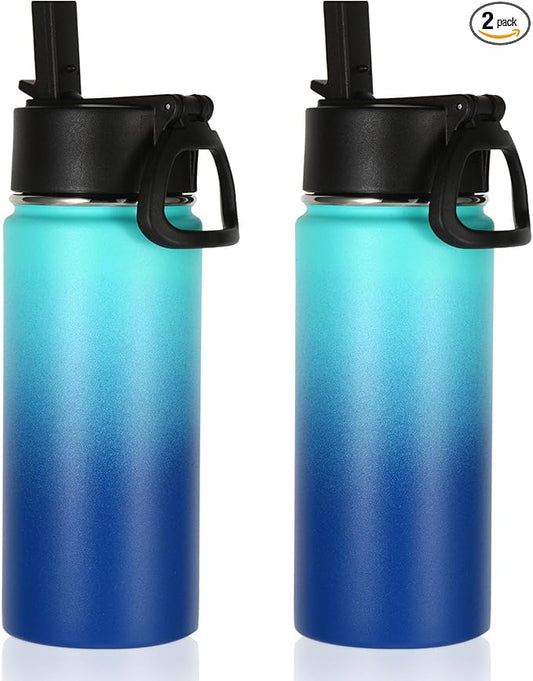 Volhoply 16 OZ Kids Water Bottle Bulk 2 Pack,Insulated Sports Bottles with Straw Lid,Stainless Steel Bottle with Handle Keep Cold & Hot,Double Wall Vacuum Tumbler Cups for School(Green Blue, 2)