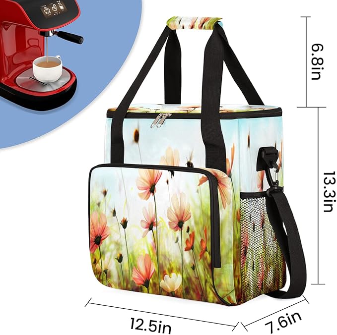 Spring Flower Coffee Maker Carring Bag Colorful Floral Travel Storage Tote Bag Compatible with Keurig K-Mini or K-Mini Plus Portable Single Serve Coffee Brewer Case with Pockets for K-cup Pods