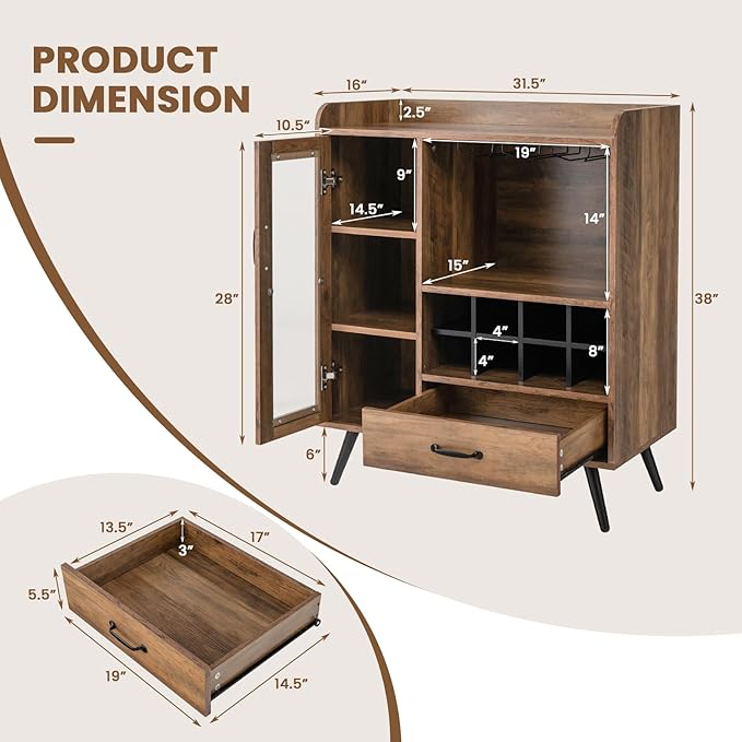 LOKO Farmhouse Coffee Bar Cabinet with Tempered Glass Door, 3-Row Glass Holder & 8-Grid Wine Rack, Buffet Sideboard with Wine Display, Rustic Brown