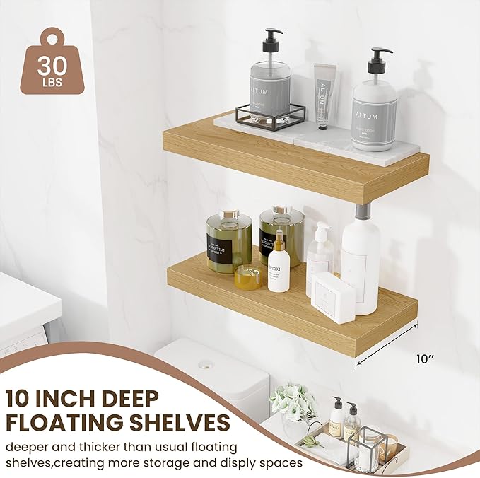 Fun Memories 24 x 10 Floating Shelves Wall-Mounted - Rustic Wood Shelf - 10 Inch Deep Floating Shelves for Wall - Large Storage Shelf for Bathroom - Kitchen & Bedroom - Oak - Set of 2