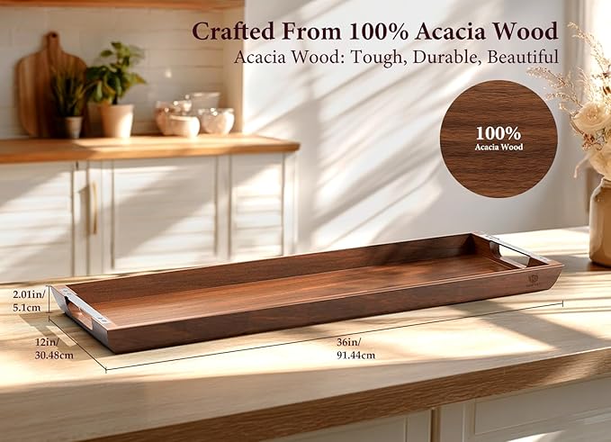 Large Acacia Wood Serving Tray with Metal Handles - 36" Long Charcuterie Board for Cheese, Meat & Appetizers - Perfect for Kitchen, Entertaining, Gatherings & Home Decor