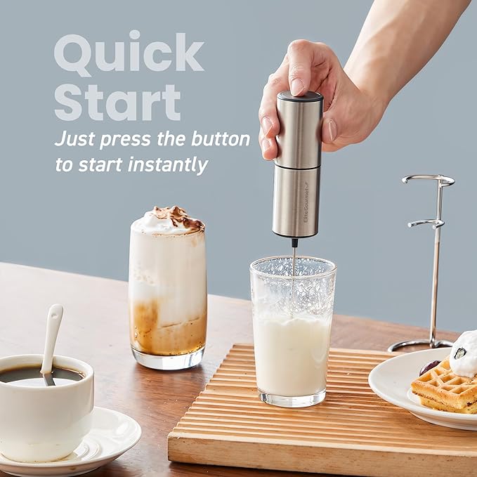 Elite Gourmet EMF9SS Cordless, Battery Operated, Milk Frother, Power Button, Food Grade Stainless Steel Whisk, Vertical Stand, Lattes, Cappuccinos, Matcha, Hot Chocolate, Iced Coffee, Stainless Steel