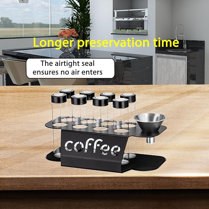 Wooden Coffee Bean Sampling Set with Test Tubes, Funnel - Coffee Bean Storage & Tasting Kit for Coffee Lovers, Cafes (C)