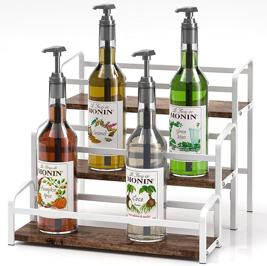 DTUQYX Coffee Syrup Organizer 3-Tier, 12 Bottles Capacity Coffee Syrup Rack, Syrup Stand for Spice, Wine, Liquor, Bottle, Coffee Bar Station Racks Magnetic, No Installation (Dark Wood, White)