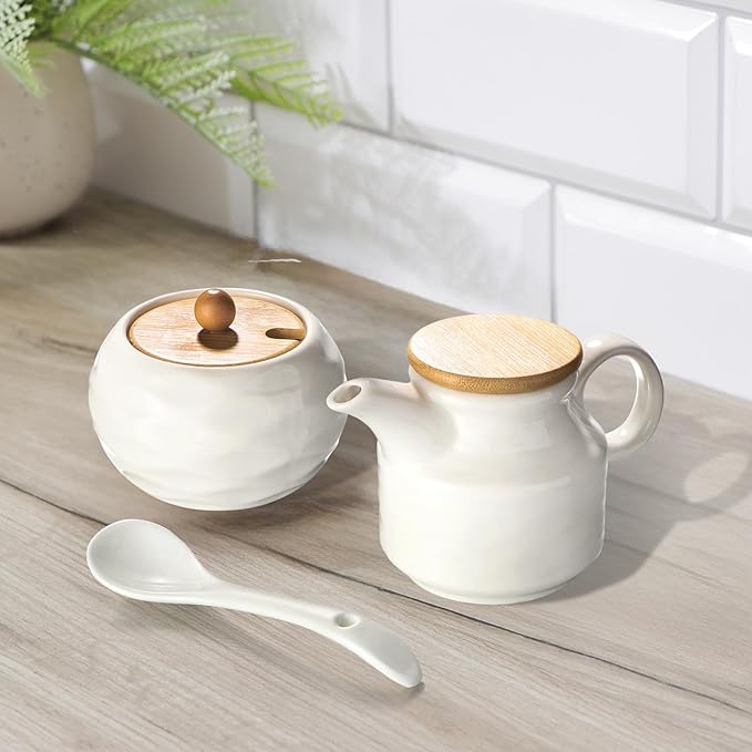 Ceramic Sugar and Creamer Set,12oz Cream Pitcher and 7.5oz Sugar Bowl with Lid,Coffee Serving Set for Cream and Sugar Spices, Condiments (2, Large)