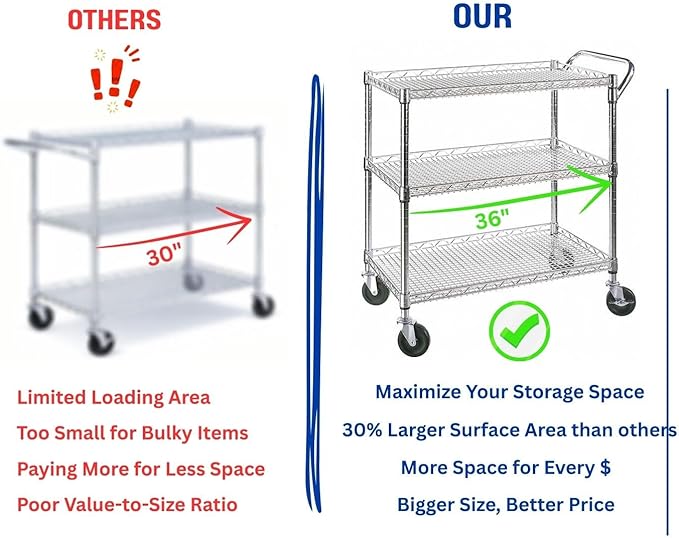 Heavy Duty 3 Tier Rolling Utility Kitchen Cart on Wheels,Large 45"L x 17 1/2"D x 45"H Metal Serving Cart Commercial Grade with Wire Shelving and Handle Bar for Office School Church Kitchen Hardware