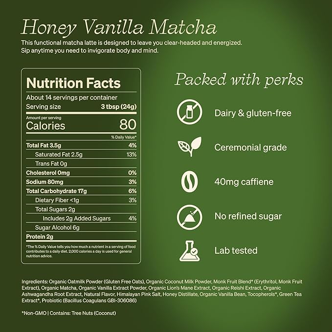 Clevr Organic Honey Vanilla Matcha SuperLatte, Instant Ceremonial Grade, Superfood Powder Blend, Oat Milk, Lions Mane, Reishi Mushroom, Coconut Cream, Ashwagandha, Serve Hot or Iced (14 Lattes)