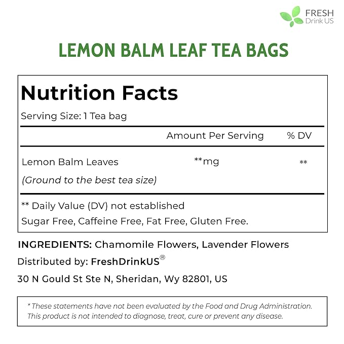 FreshDrinkUS, Premium 120 Lemon Balm Leaf Tea Bags, 100% Natural & Pure from Lemon Balm Leaves. Loose Leaf Herbal Te. No Sugar, No Caffeine, No Gluten, Vegan.