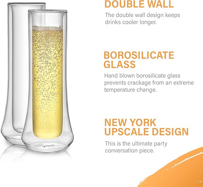 JoyJolt Cosmo Double Wall Stemless Champagne Flutes – Set of 2 Mimosa Glasses, Ideal for Weddings, or Bridal Showers – Cheerful Stemless Champagne Glasses – 148 ml / 5 oz Set of Sparkling Glasses