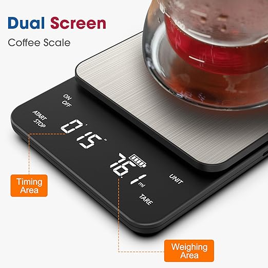 Mik-Nana Digital Coffee Scale with Integrated Timer, 0.1g High Precision Kitchen Food Scale for Pour Over and Espresso, 11lb/5kg Capacity, Large Backlit LCD Display (Batteries Included)