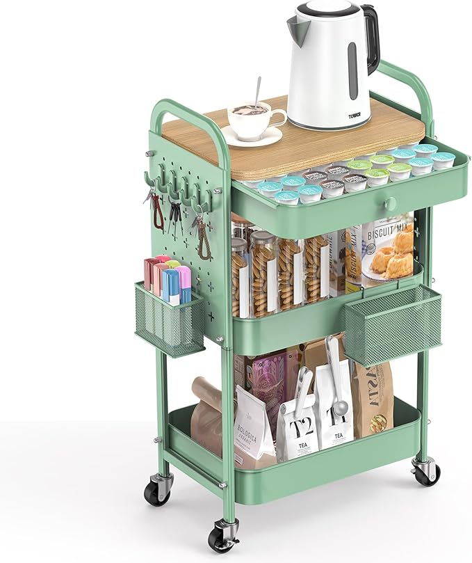 ALVOROG Rolling Cart with Drawer and Wood Table Top, 3 Tier Metal Rolling Utility Cart on Wheels with DIY Pegboards, Hanging Baskets, Hooks for Bedroom,Office,Craft Supplies