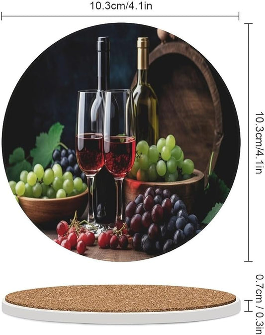 Round-4PCS Red Wine Ceramic Coasters, Round Absorbent Drink Coasters, Retro Wood Style Red Wine Bottle and Grapes Plant Pattern Ceramic Table Coasters for Coffee, Beverage, Wine, Beer Coasters
