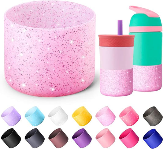 Silicone Boot for Owala 14/16 oz Water Bottle, Anti-Slip Protective Sleeve for Owala 12 oz Kids Tumbler, Boot Bottom Base fit Flip 14 oz Insulated Stainless-Steel Water Bottle (Glitter Pink)