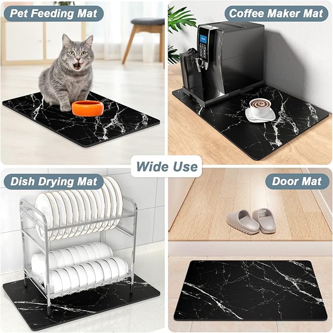 Rnivvi Coffee Mat, 12" x 19" Cute Marble Style Coffee Bar Mats for Espresso Machine Station Accessories and Organizer, Hide Stain Rubber Backed Absorbent Dish Drying Pad for Kitchen Counter, Black