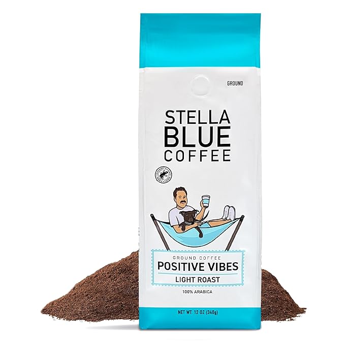 Stella Blue Ground Coffee, Positive Vibes Blend, Light Roast, Fresh Coffee Ground 100% Arabica, Smooth Balanced Roast with Distinct Flavor Notes, Ethically Sourced Coffee Beans, 12 oz Bag