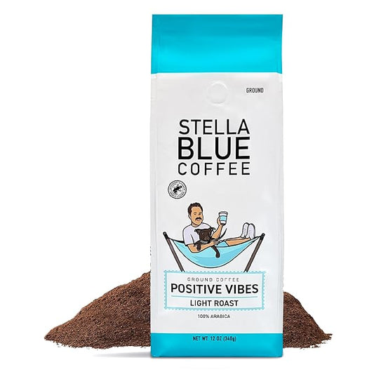 Stella Blue Ground Coffee, Positive Vibes Blend, Light Roast, Fresh Coffee Ground 100% Arabica, Smooth Balanced Roast with Distinct Flavor Notes, Ethically Sourced Coffee Beans, 12 oz Bag