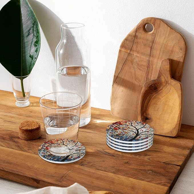 Artistic Tree Pattern Coasters for Drinks Absorbent Round Ceramic Coasters Set of 4 Non-Slip Cup Coaster with Cork Base for Coffee Table Drink Home Decor Tabletop Protection