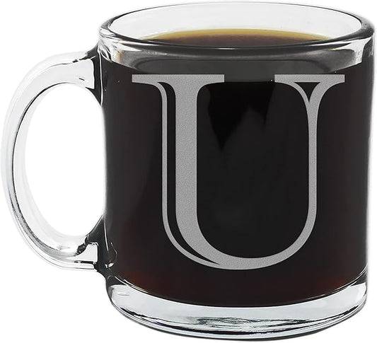 Spotted Dog Company Etched Monogram 12oz Clear Glass Coffee Mug (Letter U), A-Z Customized Coffee Gifts, Custom Engraved Gifts for Women Her, Personalized Gift for Men, Initial
