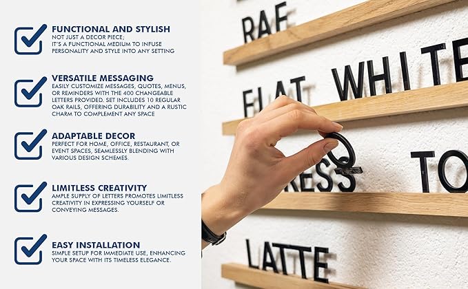 Inko Horeca Wooden Wall Letter Board - Set of 10 Oak Rails + 400 Changeable White Letters - Floating Wall Menu Display Shelf for Cafe, Bar, Kitchen, and Home Decor