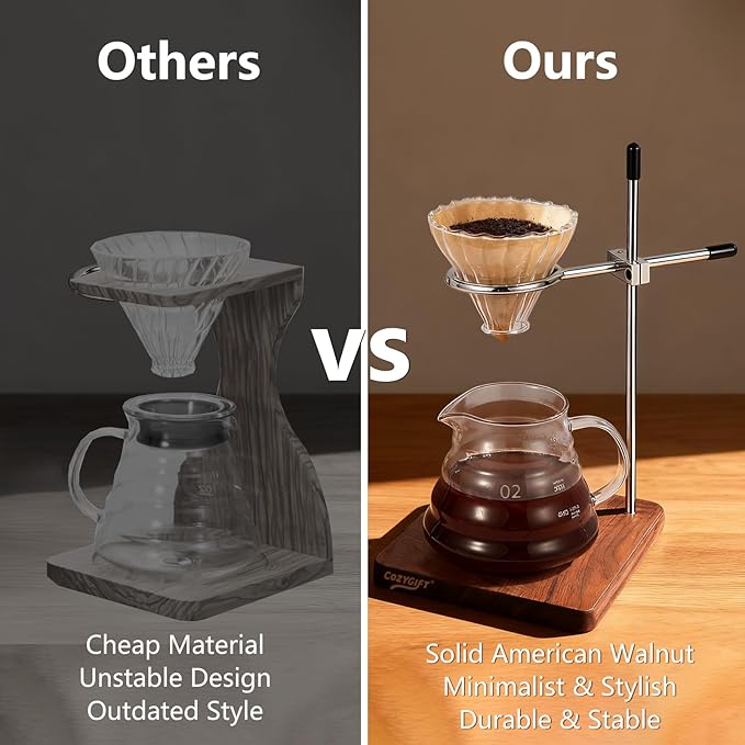 COZYGIFT Pour Over Coffee Stand with American Black Walnut Base, Adjustable Coffee Dripper Stand, Wooden Brewing Station, Cone Holder, Elegant Gift for Brew Enthusiasts, Home Barista & Kitchen Décor