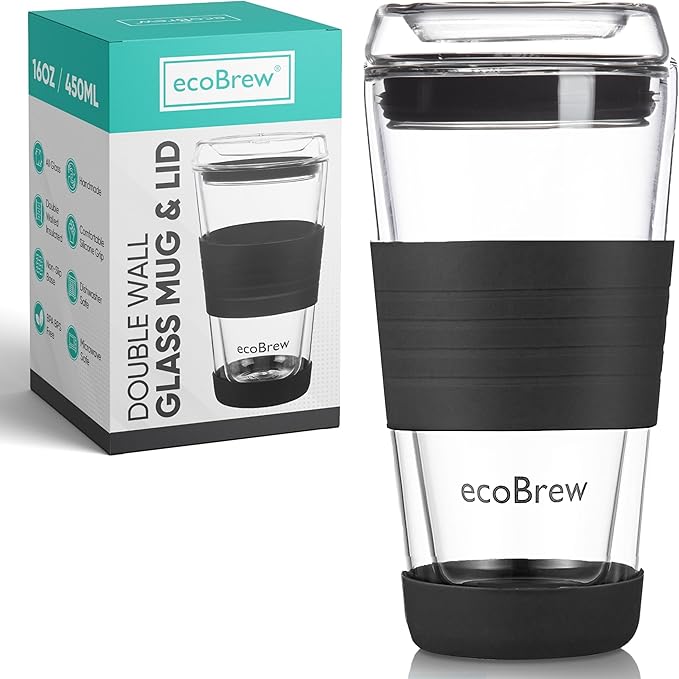 16oz Double Wall All Glass Tumbler with Lid, Glass Travel Mug, Dishwasher Safe & Microwavable Clear Coffee Tumbler To Go, Reusable Ceramic Cup with Lid, Black