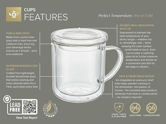 Teabloom Double-Wall Glass Cups with Lids – Set of 2 Insulated 8 oz Borosilicate Glass Mugs, Lead-Free & Plastic-Free, Pure Taste, Temperature-Retention, Dishwasher/Microwave Safe
