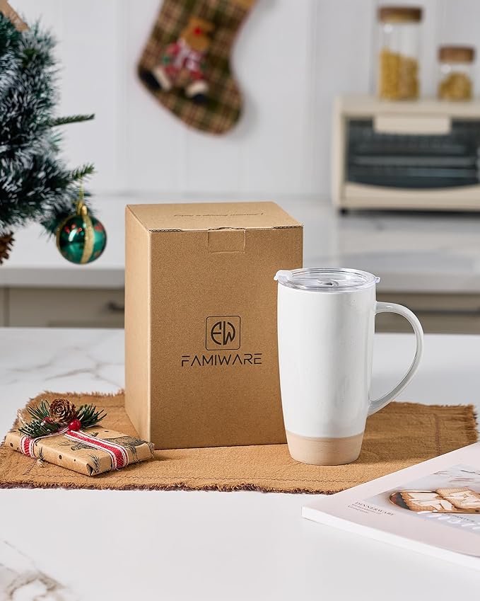 famiware Milkyway Coffee Mugs, 20oz Large Coffee Mug, Ceramic Mug Set of 2 with Lid, Cup Set with Handle for Latte, Tea, Cocoa, Milk, Home & Office, White