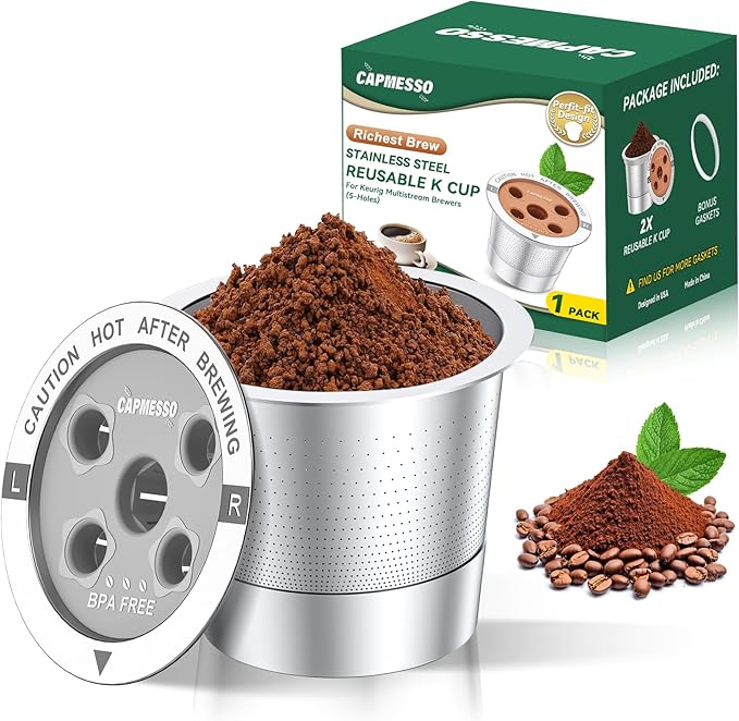 CAPMESSO Reusable K Cups for Keurig: 2025 Updated My K cup Metal Coffee Filter Refillable Coffee Pods with 5 Holes - for K Supreme/K Slim/K-Duo Gen2/K-Brew Chill with MultiStream Technology (1 Pack)