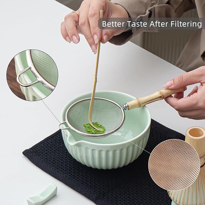 Matcha Whisk Set, Matcha Set Includes Ceramic Matcha Bowl, Matcha Whisk and Holder, Bamboo Scoop, Sifter, Scoop Rest and Tea Towel - 7 Pcs Matcha Making Kit for Matcha Lover and Tea Ceremony