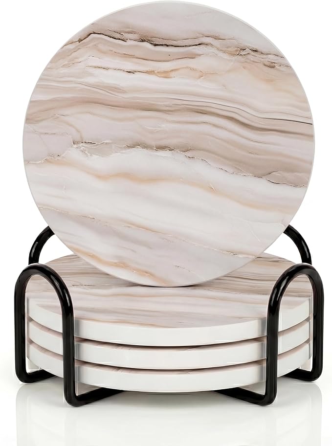 VEYRO Ceramic Coasters Set of 4 – Absorbent Stone Drink Coasters with Holder, Non-Slip Cork Backing, Modern Marble Look Coasters for Coffee Table, Desk & Home Decor