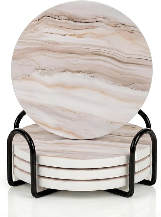 VEYRO Ceramic Coasters Set of 4 – Absorbent Stone Drink Coasters with Holder, Non-Slip Cork Backing, Modern Marble Look Coasters for Coffee Table, Desk & Home Decor