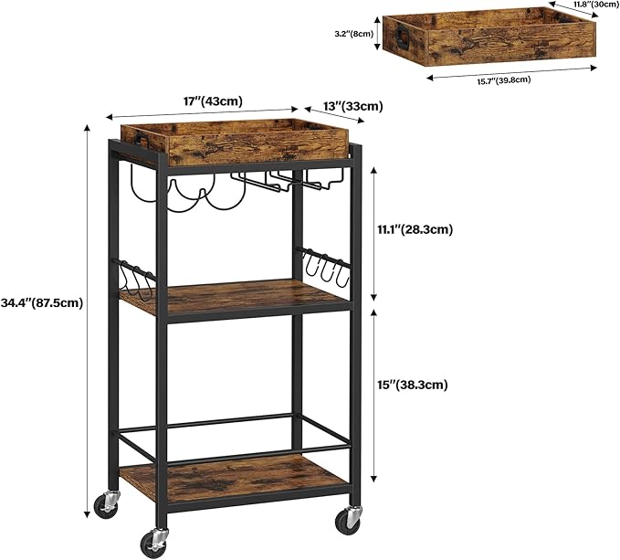 TUTOTAK Bar Cart with Removable Tray, Home Bar Serving Cart, Drink Cart, Mobile Kitchen Shelf with Wine Rack and Glass Holder, Rolling Beverage Cart for Living Room, Kitchen, Brown BC01BB036