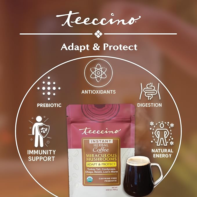Miraculous Mushrooms Instant Adapt & Protect Herbal Coffee By Teeccino – 33 servings - Microground Herbs plus Reishi, Lion’s Mane, Chaga, Turkey Tail, Cordyceps - Caffeine Free, Prebiotic - 3.53 ounces