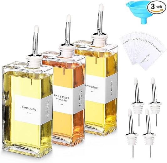 3 Sets Olive Oil Dispenser Bottles for Kitchen with Nozzles Funnel Labels Cooking Oil Dispenser 500ml Set for Kitchen Vinegar Coffee Syrup (Silver)
