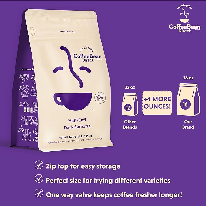 Coffee Bean Direct Half-Caff Dark Sumatra, Whole Bean Coffee, Dark Roast, 1 Pound Bag (Pack of 1)