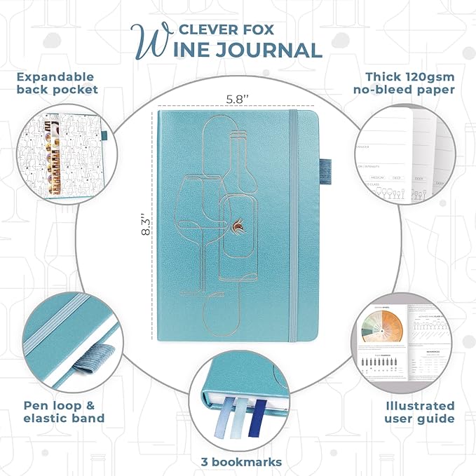 Clever Fox Wine Journal for Wine Tasting – Guided Diary & Log Book with Tasting Instructions, Aroma Wheel, Food Pairing & Glass Guide – 132 Entries, Hardcover, A5 Size (Aquamarine)
